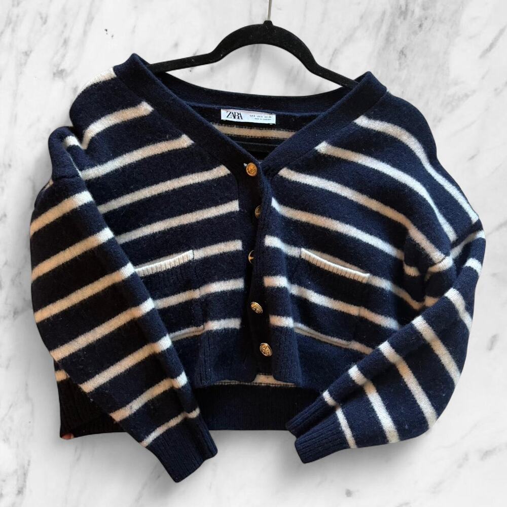 Zara navy & white striped cardigan with gold buttons Size S
